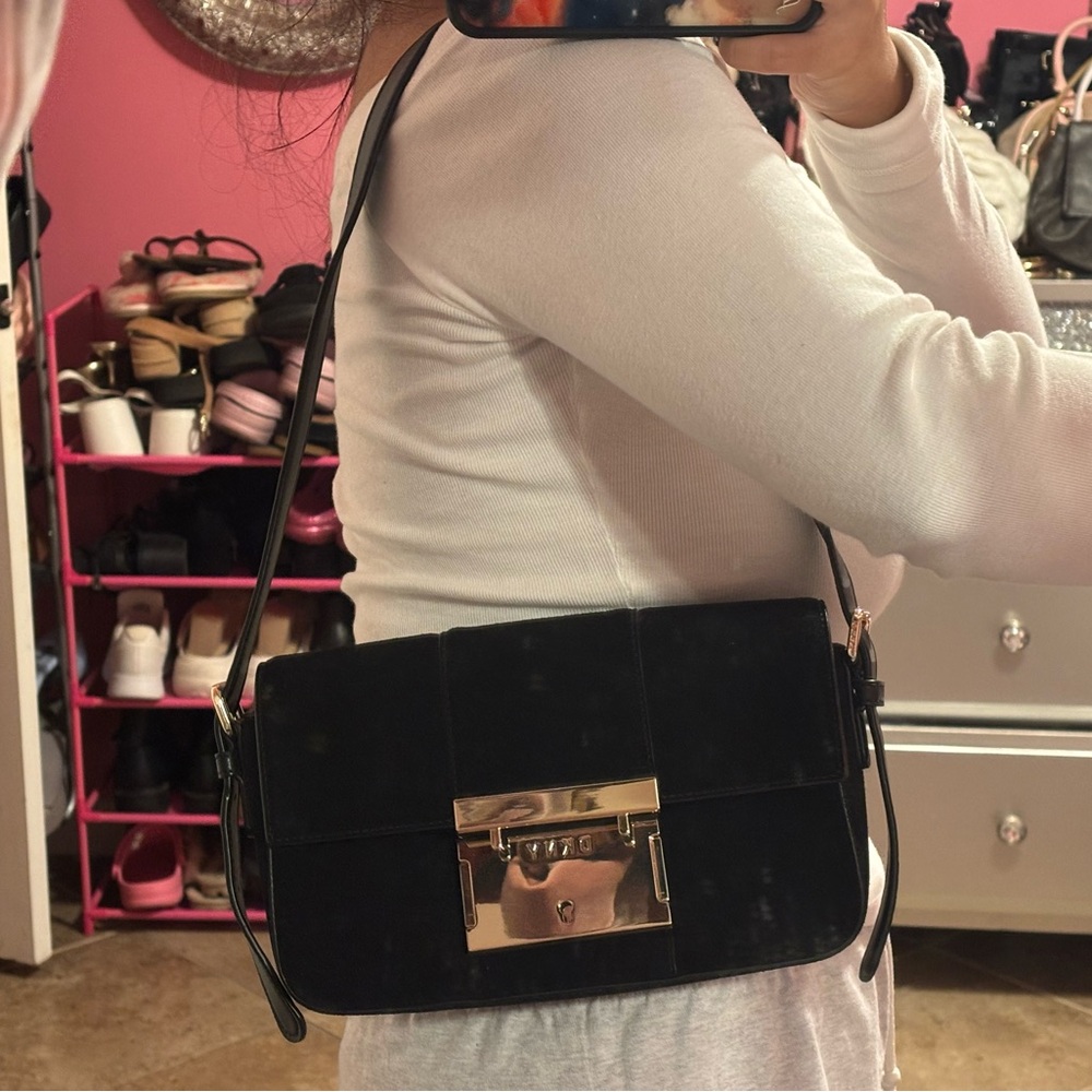 DKNY Black suede Shoulder Bag with Gold Hardware